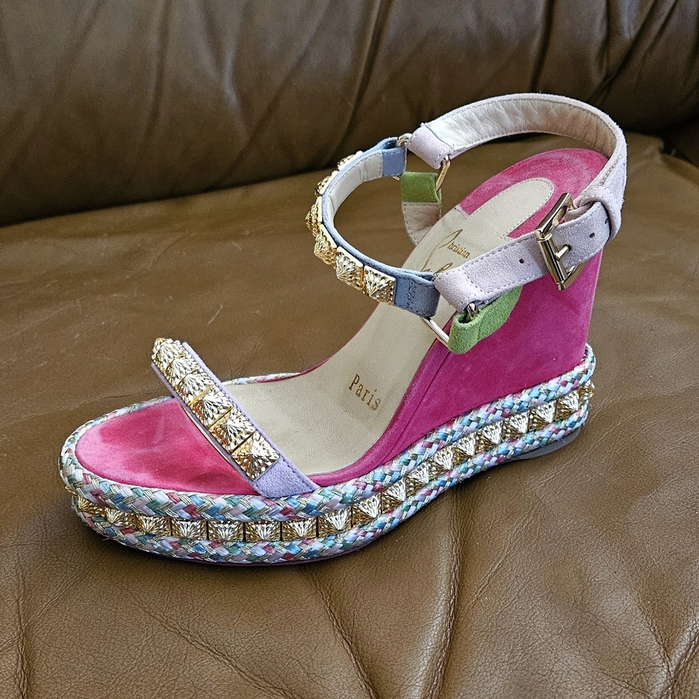 Christian Louboutin Pyraclou Suede Multicolor Gold Accent Wedges Sz 4 US - Picture 5 of 15